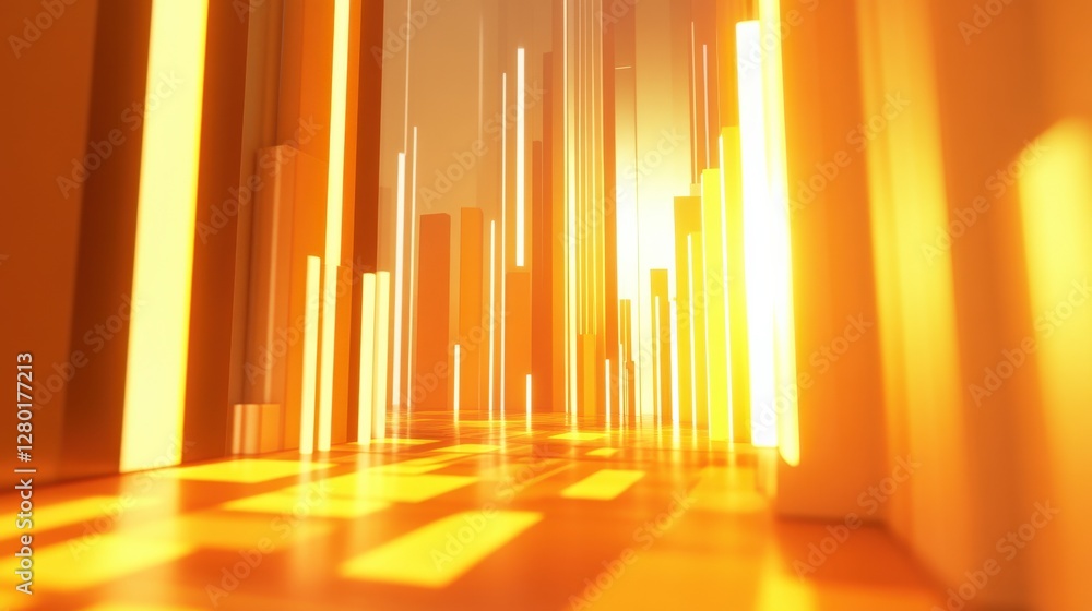 Poster abstract representation of glowing vertical bars in a warm orange setting with light rays