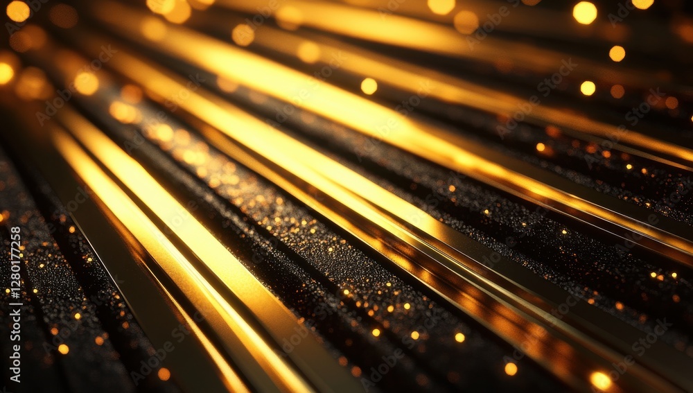 Poster shimmering gold and black abstract background with glowing light reflections and glittering particle