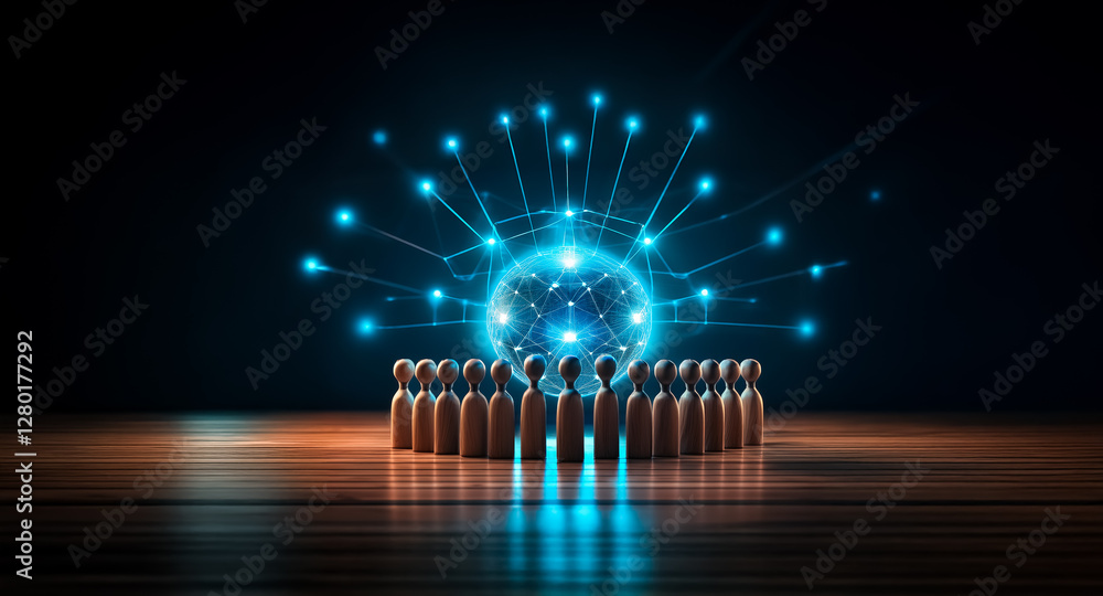 Poster wooden figures stand in a circle viewing a radiant sphere emitting light rays in a dark space. conce