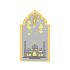 illustration of a mosque building decorated with lanterns