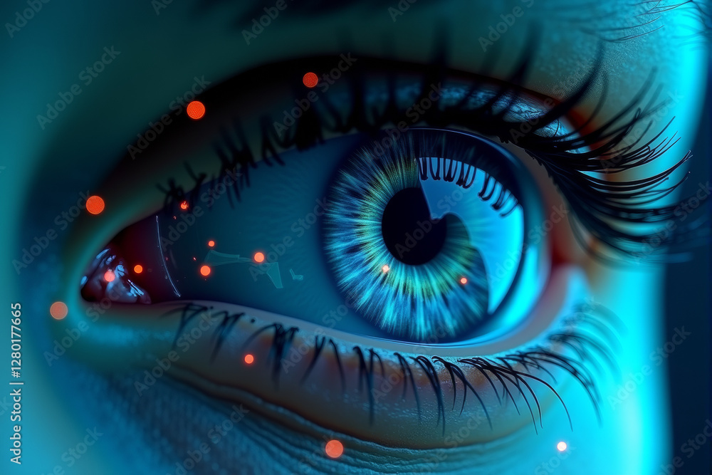 Poster a detailed close-up of a robotic eye scanning data streams, symbolizing artificial intelligence visi