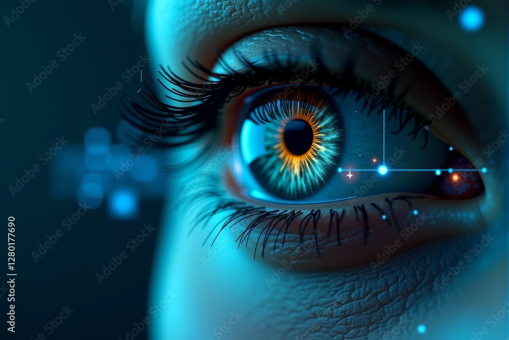 Poster a detailed close-up of a robotic eye scanning data streams, symbolizing artificial intelligence visi