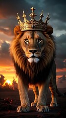 A majestic Lion king with a golden crown on a fire background, lion of Judah, lion wallpaper