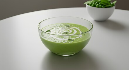 Delicious Green Pea Soup Bowl with Cream Swirl and Mint Leaves