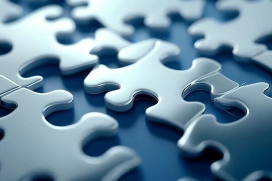 Closeup metal jigsaw puzzle pieces on blue background