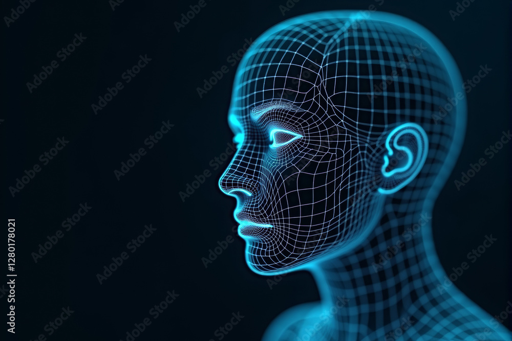 Poster a 3d wireframe human face with pixelated digital distortions, symbolizing ai-driven identity recogni