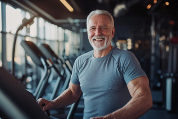 Obraz premium man in a blue shirt is smiling and standing on a treadmill. He looks happy and healthy