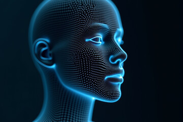 Obraz premium A 3D wireframe human face with pixelated digital distortions, symbolizing AI-driven identity recognition and biometric security systems