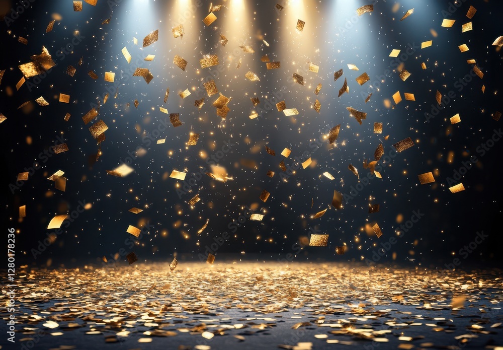 Poster shimmering gold confetti falling from above in a festive atmosphere with subtle lighting and sparkli