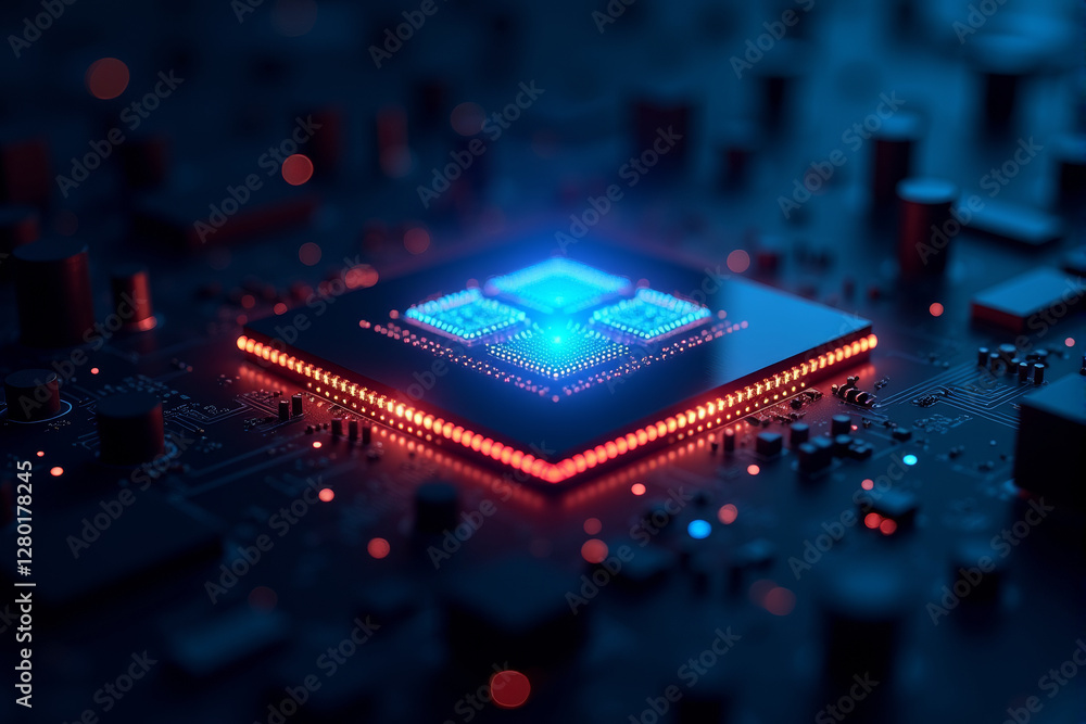 Aufkleber an artificial intelligence chip glowing in a dark cyber environment, symbolizing advanced computing,
