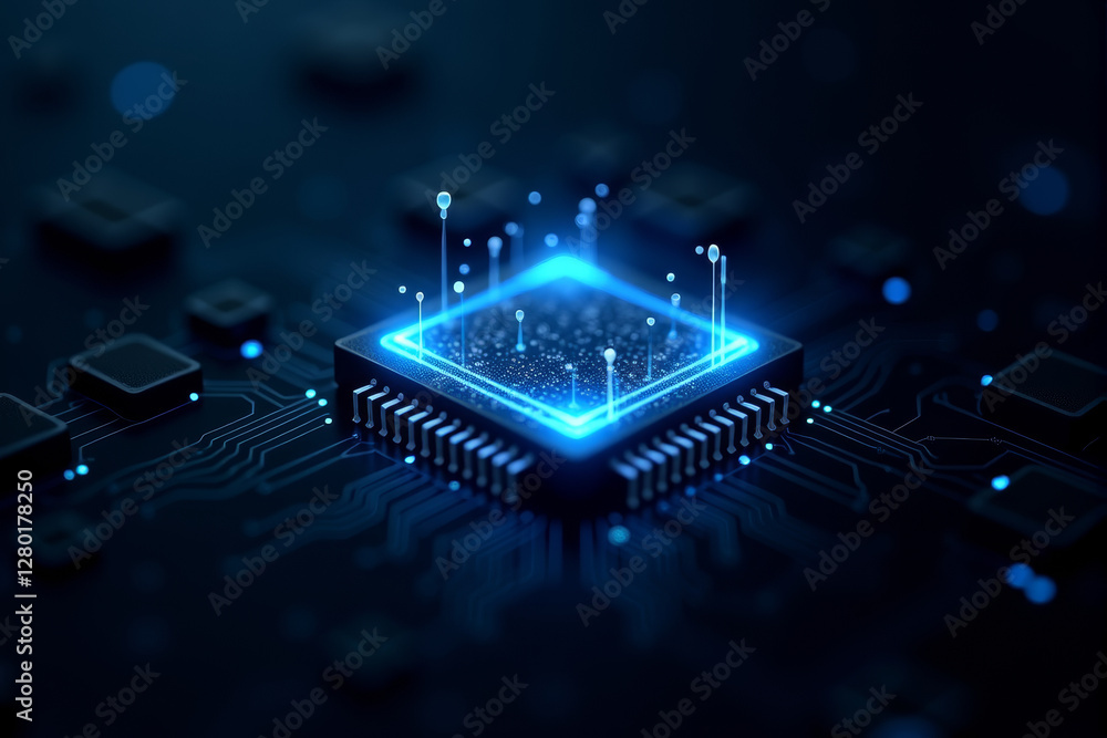 Aufkleber an artificial intelligence chip glowing in a dark cyber environment, symbolizing advanced computing,
