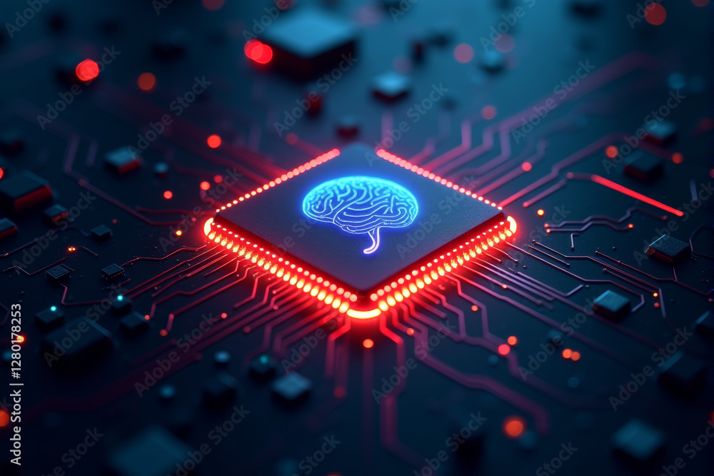 Aufkleber an artificial intelligence chip glowing in a dark cyber environment, symbolizing advanced computing,