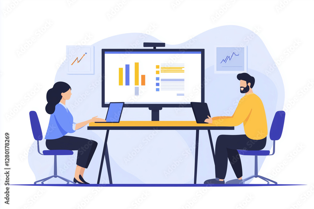 Poster two people are sitting at a desk with a large monitor in front of them. they are working on a projec
