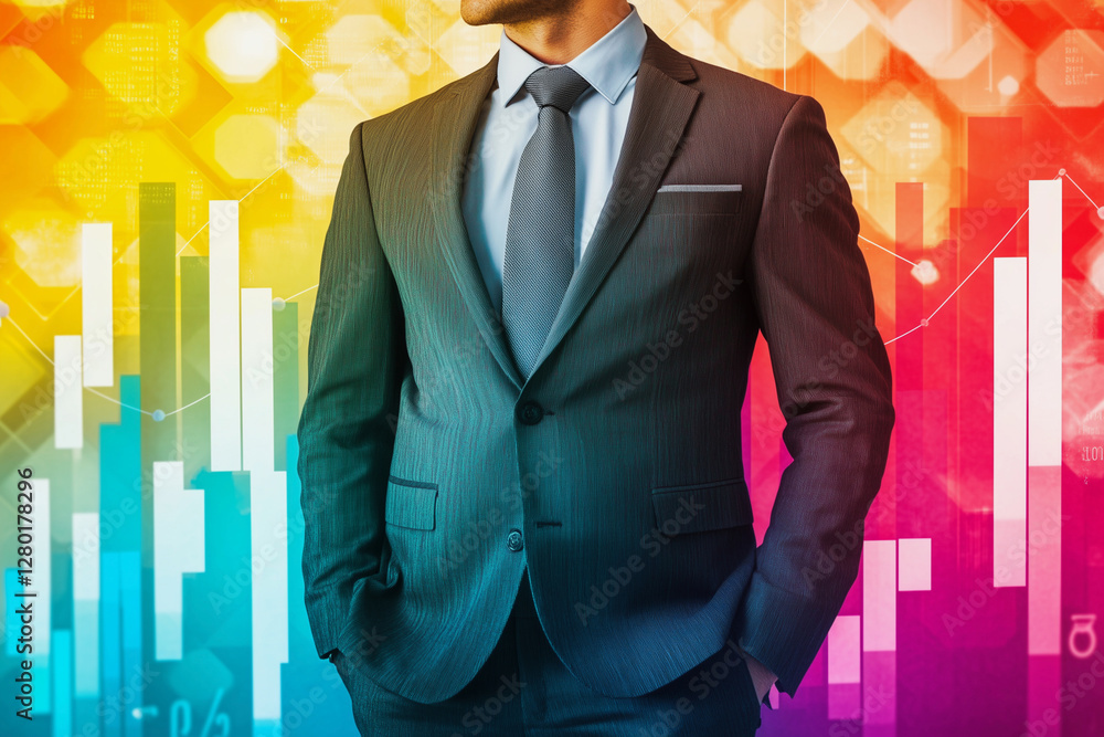Poster man in a suit and tie stands in front of a colorful background with a graph. concept of professional