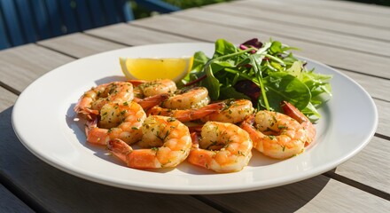 Fototapeta premium Delicious Grilled Shrimp Plate with Lemon and Fresh Green Salad