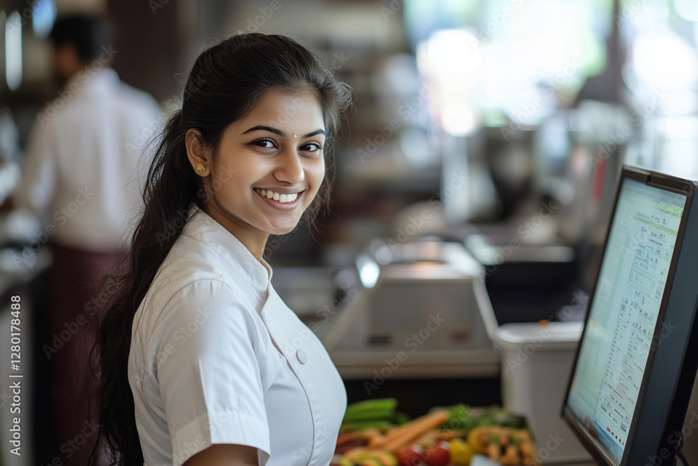 Aufkleber woman in a white apron is smiling at the camera while standing behind a counter with a computer