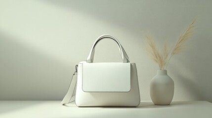 White handbag on a white surface.