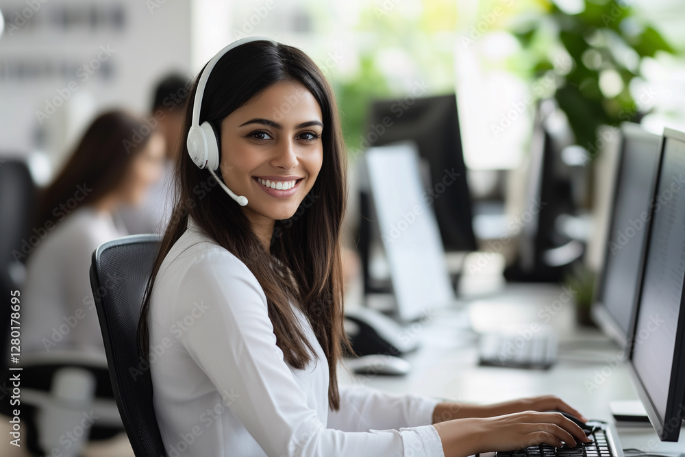 Poster woman wearing a headset is smiling while working at a desk. she is sitting in a chair and has a keyb