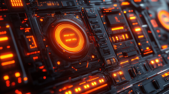 A detailed futuristic control panel with glowing orange lights, ideal for technology, gaming, sci-fi, or industrial-themed websites and blogs.