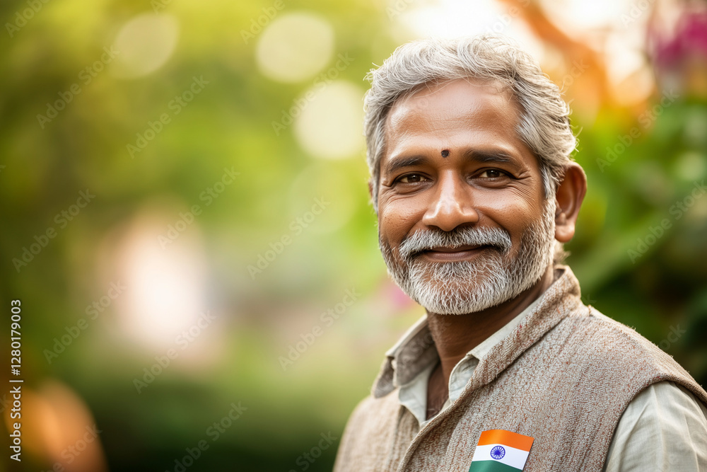Poster man with a beard and a mustache is smiling and wearing a vest with an indian flag on it