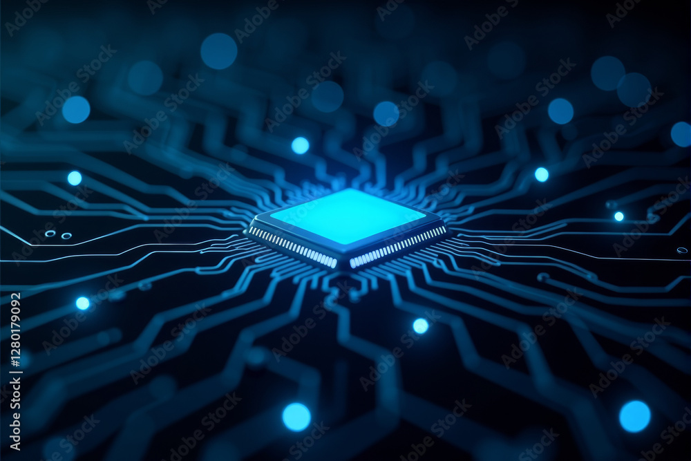 Aufkleber an artificial intelligence chip glowing in a dark cyber environment, symbolizing advanced computing,