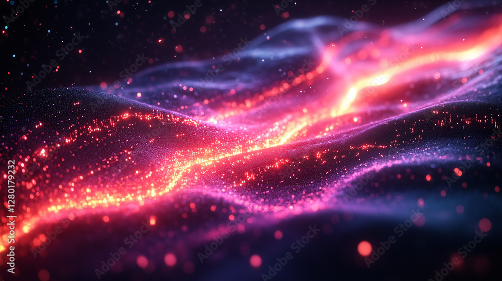 Poster stream of neon energy waves with scattered luminous particles on dark space background for science f