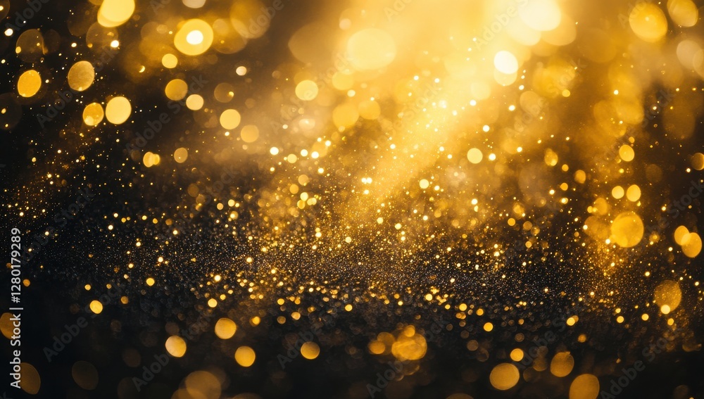 Poster shimmering gold dust particles and glittering lights in a dramatic abstract background for art and d