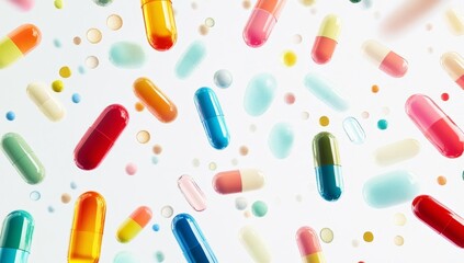 Colorful pills levitating, medical background