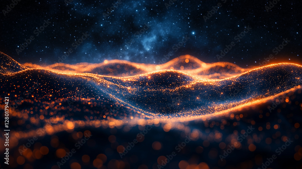Poster stream of neon energy waves with scattered luminous particles on dark space background for science f