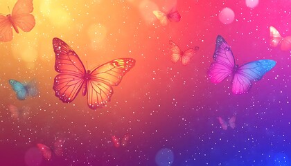Colorful butterflies flying, vibrant background, magic