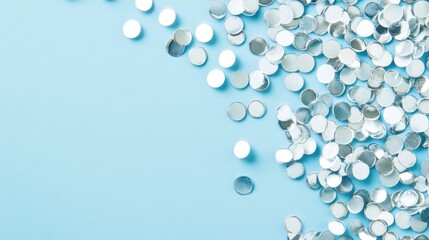 Silver confetti scattered on light blue background.