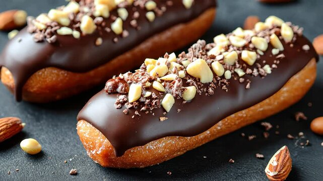 Chocolatecovered eclairs with crunchy nuts presented on dark surface for dessert lovers, Chocolatecovered eclairs with nuts on dark surface