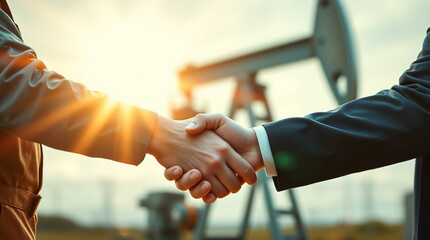  a business handshake between a worker and businessman, backlit by a sunset and an oil pump.
