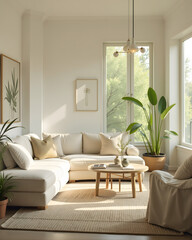 Fototapeta premium Comfortable living room with white sofa, natural light, and plants. Home Interior