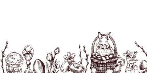 Vintage Easter border with bunny in basket, eggs, and spring flowers