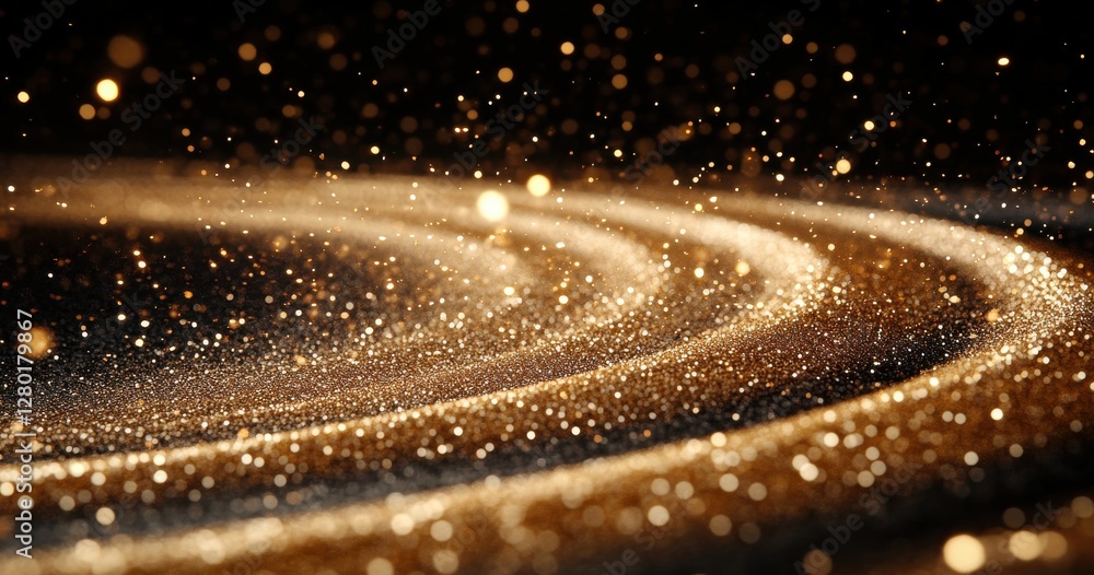 Poster shimmering gold particles create a beautiful abstract background with sparkling lights on a dark sur
