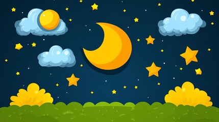 Pixelated Nightscape, Retro Game Inspired Dreamy Scene with Crescent Moon Stars and Clouds for Nostalgic and Creative Projects