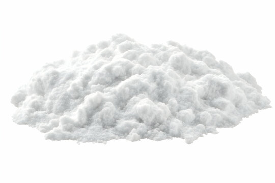 A close-up shot of a pile of white cornstarch powder, isolated on a white background.  Ideal for baking, cooking, or industrial uses.