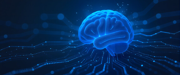 Brain on circuit board, AI and technology concept.