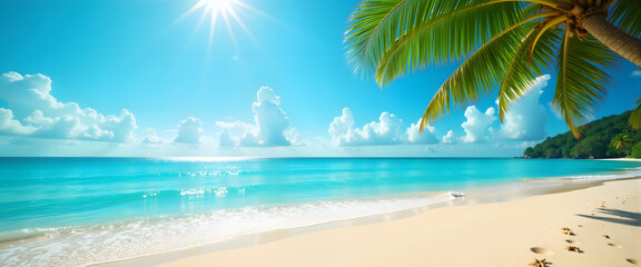 Fototapeta premium Tropical beach with turquoise water, palm tree and clear sky, Summer Vacation