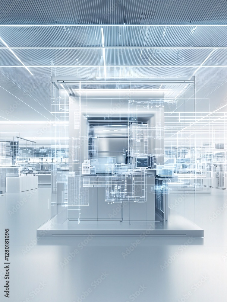 Poster a high-tech workspace where employees collaborate using mixed reality headsets, floating 3d blueprin
