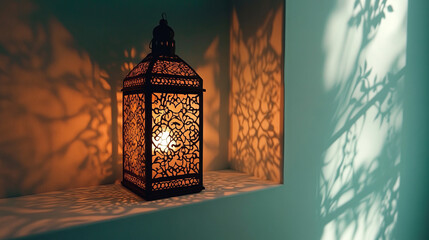 discover the enchanting beauty of an ornate metal lantern casting intricate shadows with its warm candlelight, perfect for a cozy home decor scene in arabic style niche display