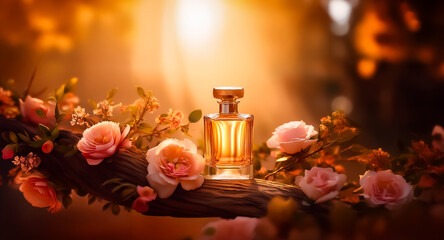 A glass perfume bottle is nestled among soft pink roses and green foliage. Warm, golden sunlight filters through, creating a dreamy and romantic ambiance in a blurred outdoor setting.
