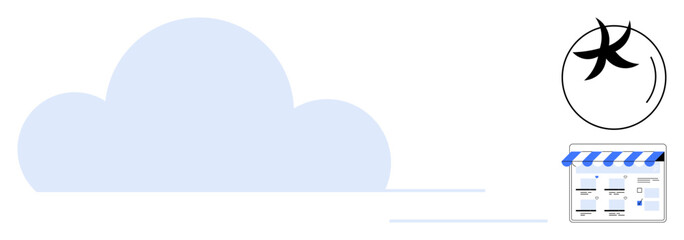 Blue cloud, Pisces zodiac sign, and online storefront icon with striped awning. Ideal for astrology, cloud computing, e-commerce, online business, digital storage, mysticism small businesses