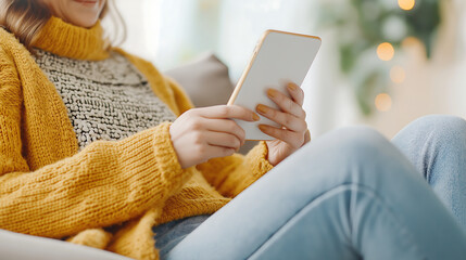 A young woman sits indoors, using a tablet and smiling. She appears engaged and happy, immersed in what she is watching or reading. The warm indoor setting enhances the cozy atmosphere.
