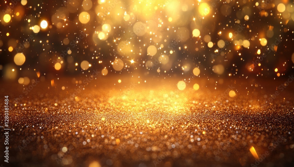 Poster shimmering golden bokeh lights falling gently on sparkling surface, creating a magical and festive a
