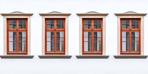 Obraz premium Four wooden frame windows displaying symmetry and architectural elegance on a white wall