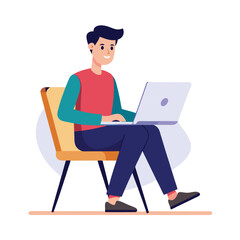 a boy is using his laptop vector