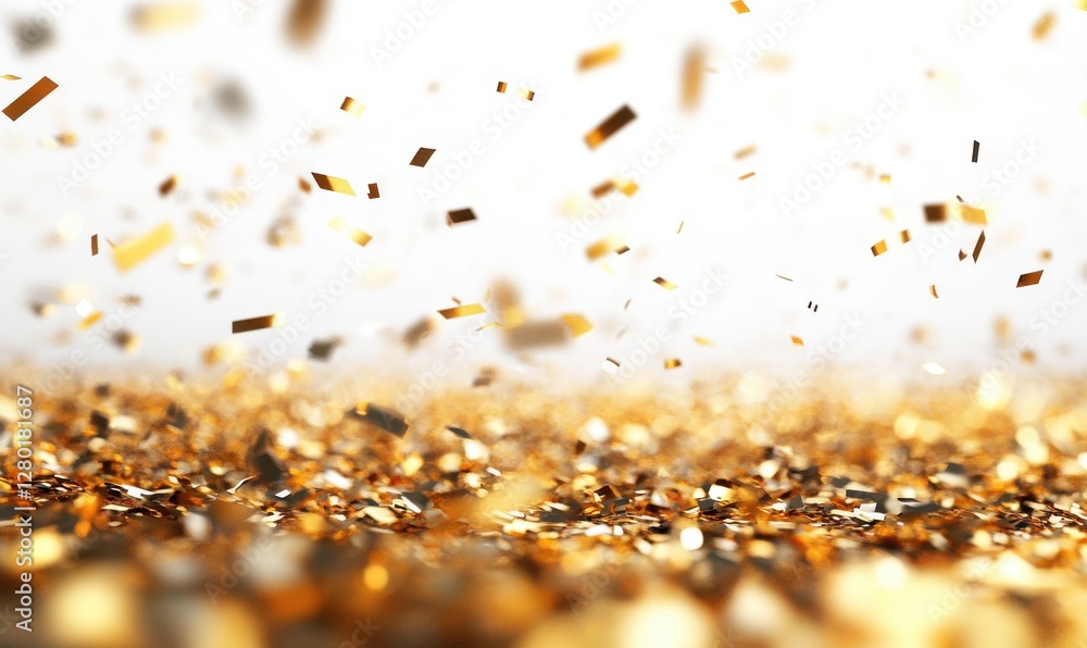 Poster shimmering golden confetti falling over a blurred white background creating a festive and joyful atm