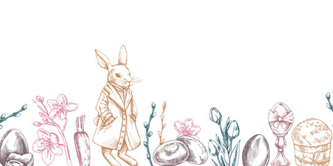 Vintage Easter border with elegant rabbit, spring flowers, and festive elements